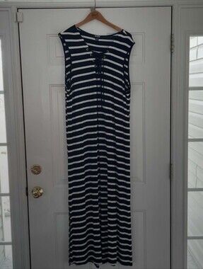 SALE - RELAXX by EXIST - Navy and White, striped, sleeveless, maxi dress